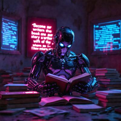 The primary subject of the image is a robot, which is sitting in a room surrounded by numerous books. The robot appears to be reading a book, and it is positioned in the center of the scene. The setting is a room with a dining table, and the visual style is a combination of digital art and illustration. The dominant colors in the image are purple and blue, creating a moody and futuristic atmosphere.